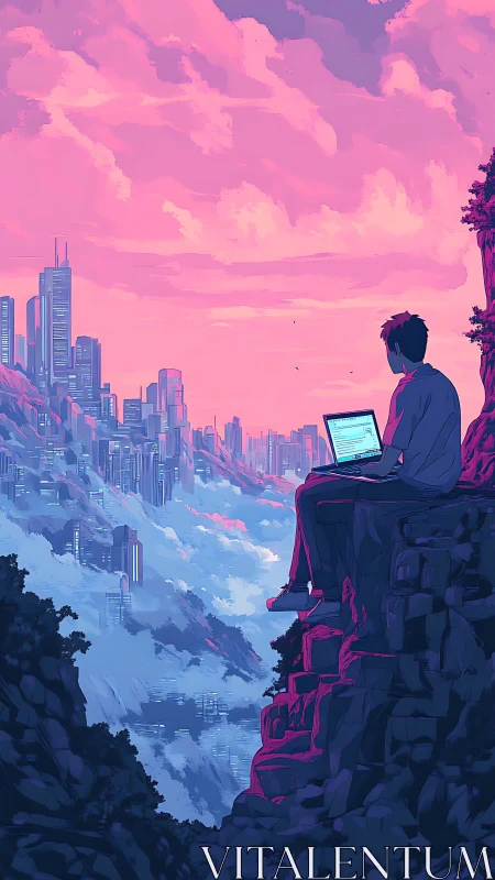 Solitary laptop coder above neon stratified megacity canyon.