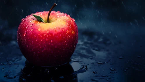 Macro close-up of wet red apple under rainfall on dark surface