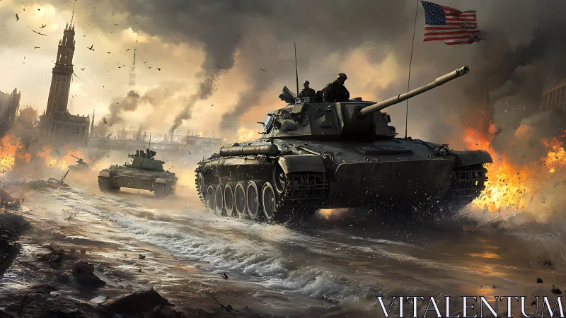 Armored battle tanks advance through a burning city storm