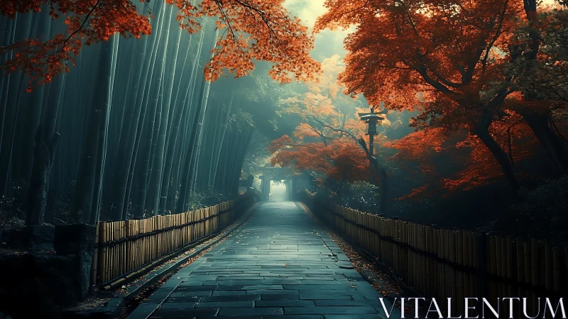 Digitally rendered pathway with volumetric atmospheric lighting and autumn foliage simulation