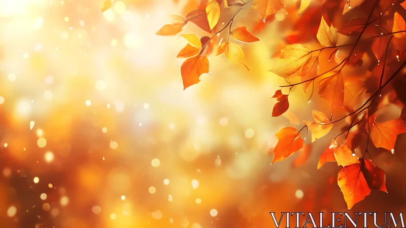 Sunlit autumn leaves glow in warm golden bokeh haze.
