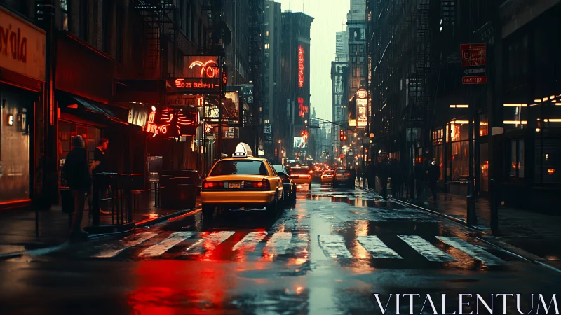 Rain-soaked neon street with taxi, strong contrast and reflections