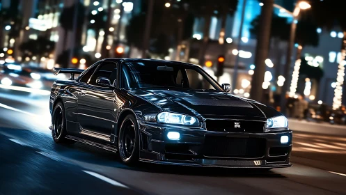 Black sports coupe races through neon-lit downtown street