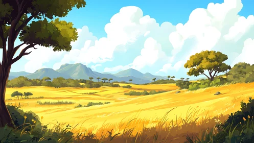 Golden savanna daydream under bright open skies.
