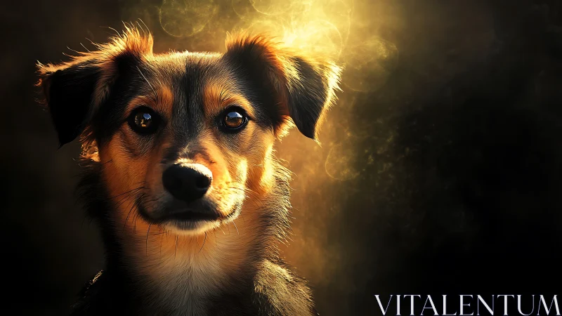 Side-lit mixed-breed dog portrait with dark background.