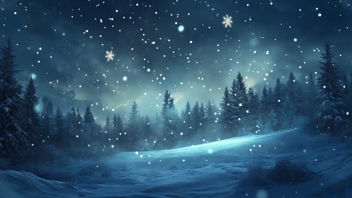 Snowy night forest under falling snow and glowing sky.