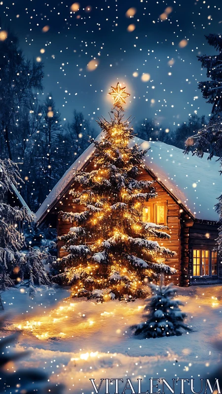 Snow-laden log cabin with illuminated Christmas tree and bokeh snowfall