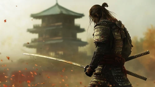 Lone samurai stands before temple in swirling autumn leaves.