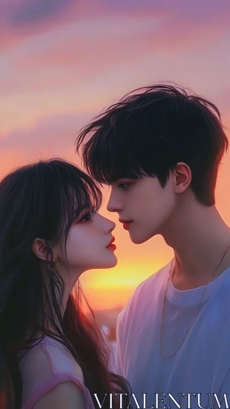 Couple in Profile Against Sunset Sky.