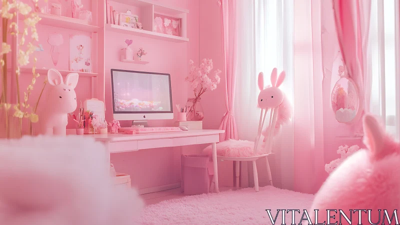 Monochrome pink kawaii desktop workspace with plush rabbits