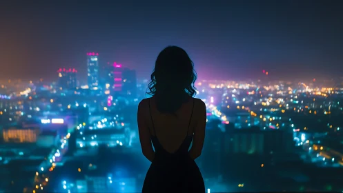 Silhouette woman overlooks colorful illuminated night cityscape