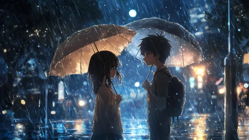 Teen couple under umbrellas in rainy neon city night.