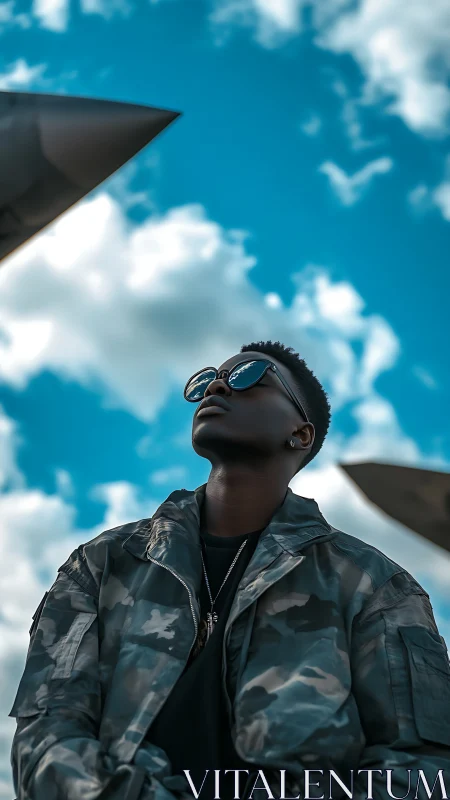 Stylish man in camo jacket gazes upward beneath vivid sky.