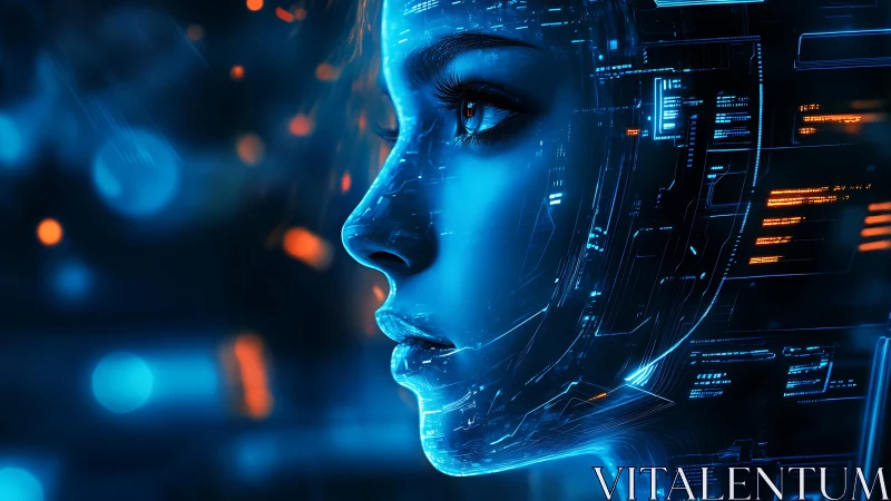 Cybernetic female profile in luminous blue interface construct.