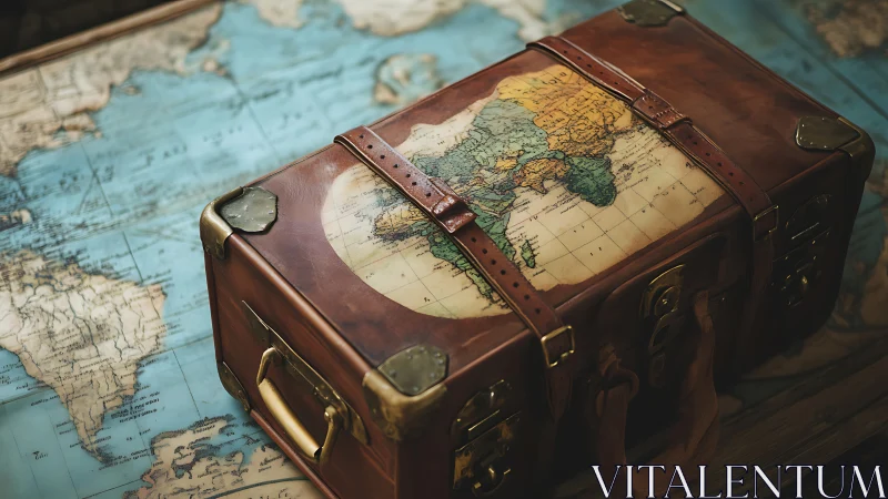 Vintage leather suitcase with world map rests on nautical chart