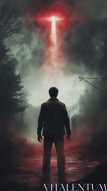 Solitary figure observing vertical red beam in misty forest.