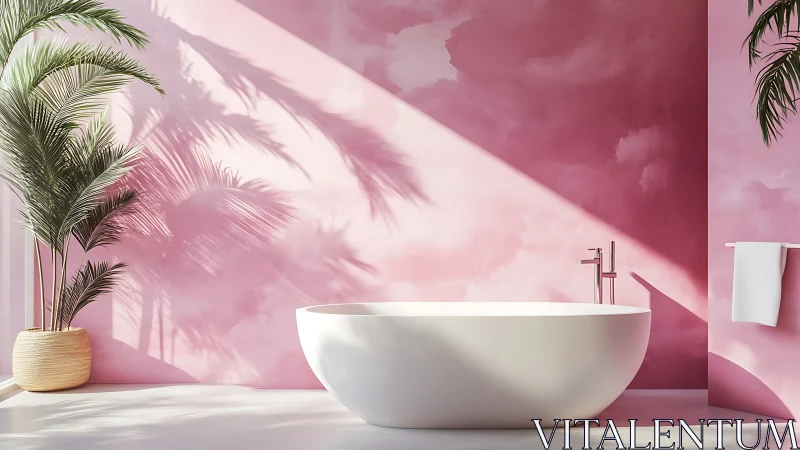 White freestanding bathtub sits before pink wall in sunlight