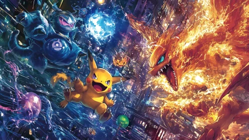 Electric sparks and blazing wings ignite a neon city clash.