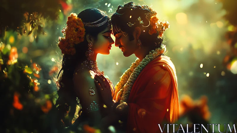 Ceremonial embrace between two figures in ornate dress.