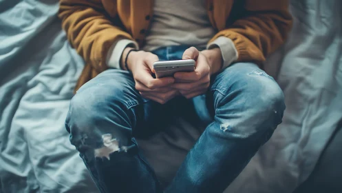 Casual seated user typing on smartphone in soft window light.