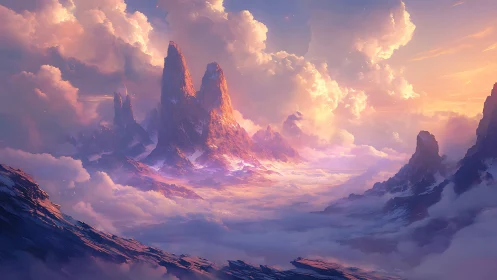 Celestial spires rise above glowing clouds at sunrise.