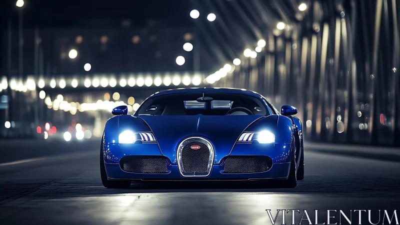 Blue sports car on illuminated city bridge at night.