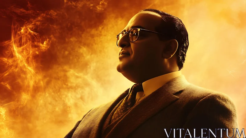 Profile portrait of suited man against intense orange flames.