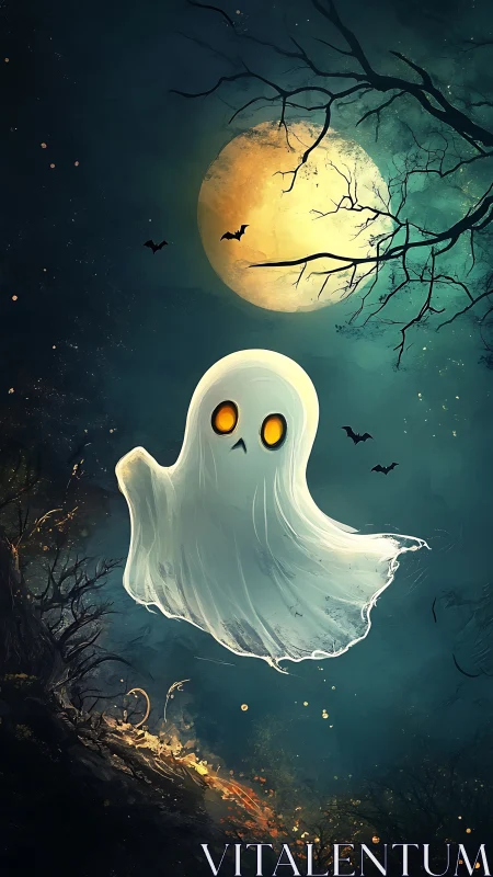 Friendly little ghost drifting under a glowing harvest moon.