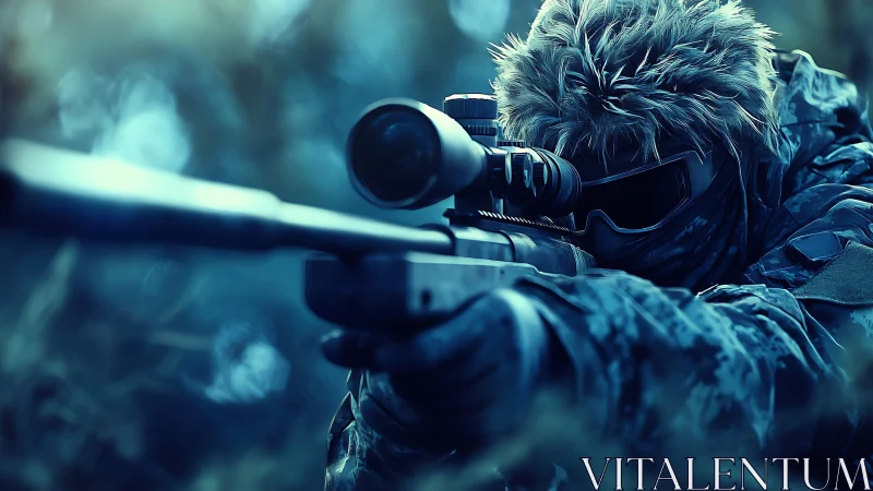 Sniper Aiming with Rifle and Scope in Winter Setting.