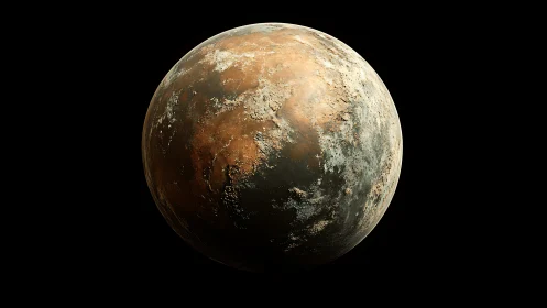 Rocky brown exoplanet with ice patches in deep space.