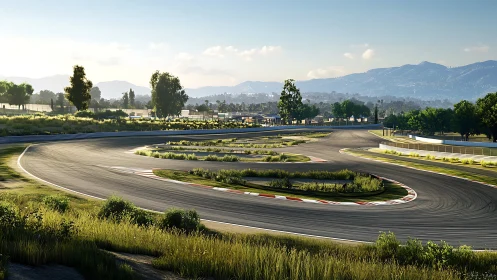 Racetrack shows wide asphalt curves in open rural landscape