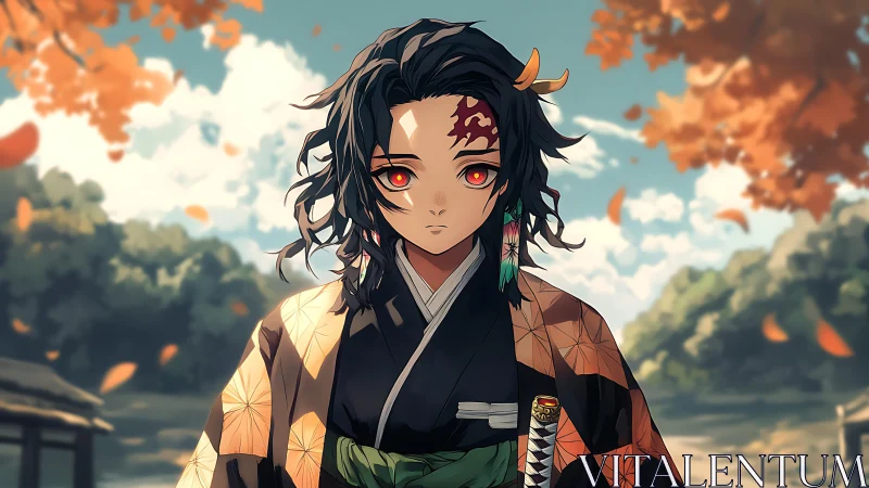 Autumn-eyed warrior in patterned haori beneath drifting leaves.