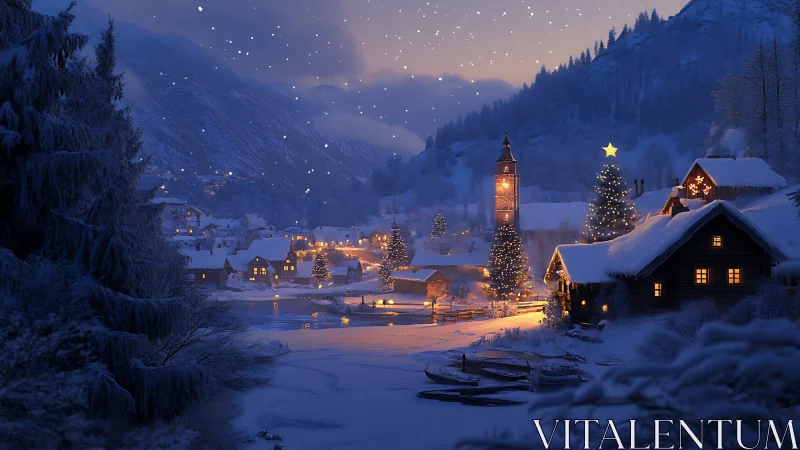 Twilight alpine village under snowfall with glowing holiday lights