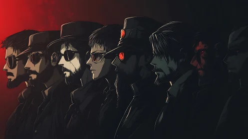 Shadowed syndicate in crimson dusk, mirrored eyes aligned.