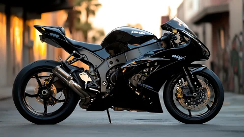 Sleek black sportbike glowing softly in golden streetlight.
