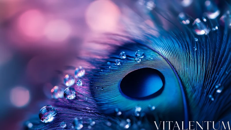 Macro peacock feather close-up with vivid water droplets.