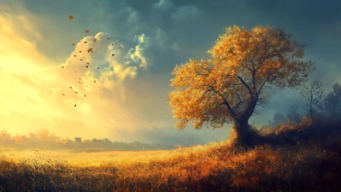 Golden autumn tree bends under wind across glowing field