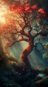 Backlit crimson tree with volumetric forest light scattering