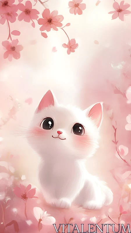 Adorable White Kitten Surrounded by Delicate Pink Flowers