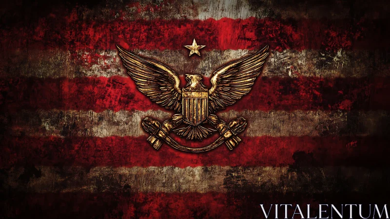 Metallic eagle crest over distressed red battle stripes.