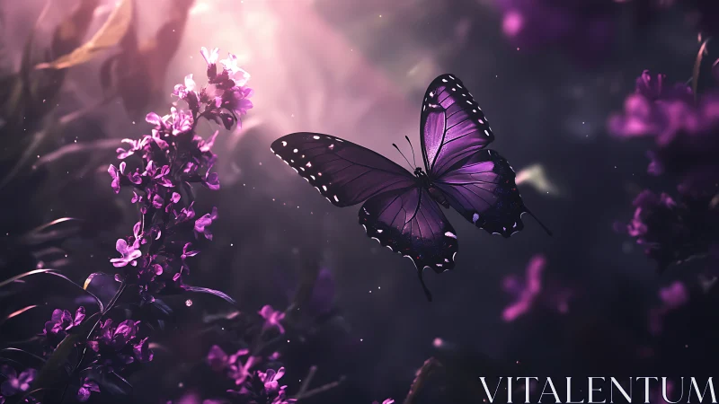 Purple butterfly in bokeh garden, cinematic soft backlight