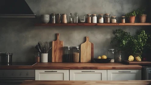 Rustic kitchen shelves display jars, herbs, lemons, wood.