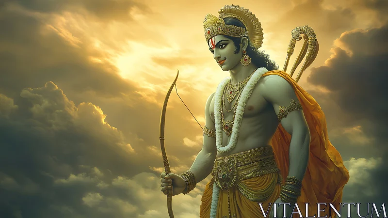 Divine archer amid glowing storm clouds at golden dusk.