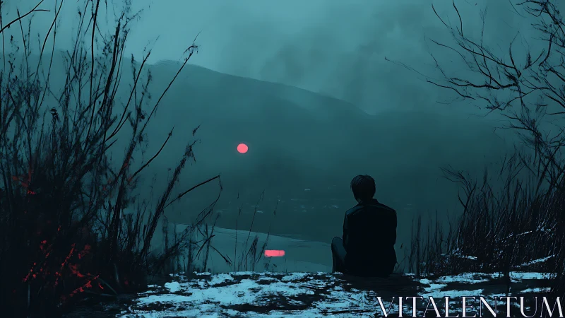 Solitary figure by misty lake under distant red sun.