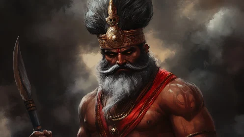 Warrior figure stands in stormy environment with spear raised