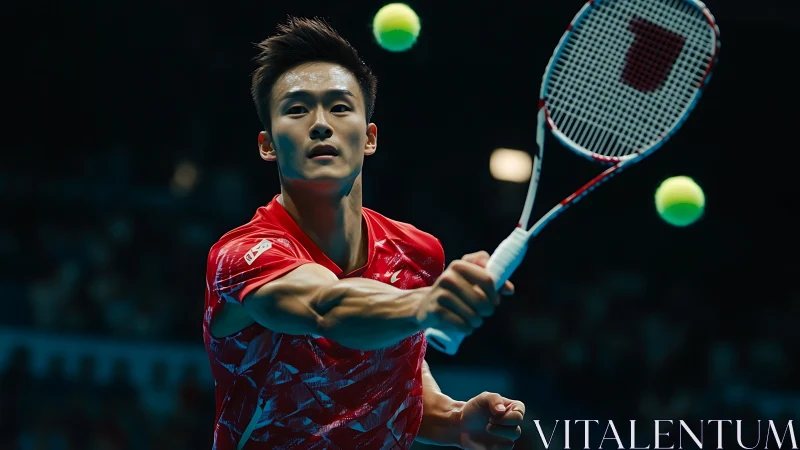 Focused tennis player strikes ball under bright arena lights