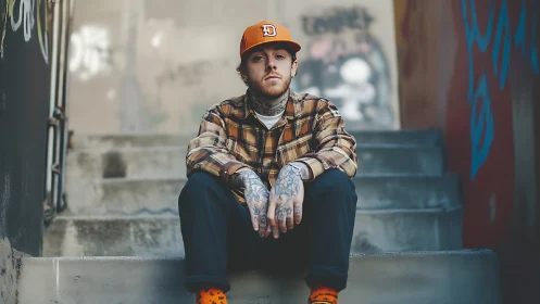 Casual stairway moment with a thoughtful tattooed skater.