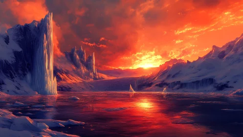 Glowing polar sunset over towering crystalline ice cliffs.