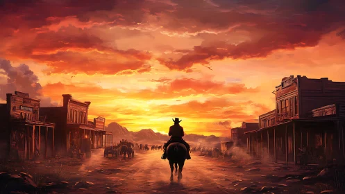 Lone cowboy rides through dust-lit frontier street at sunset
