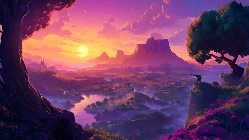 Sunlit fantasy valley with lone adventurer on cliffside.